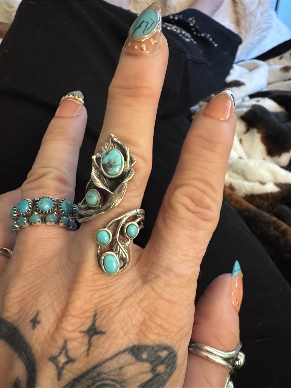 Vintage Turquoise Stone 925 Silver bypass Ring - Women Jewelry